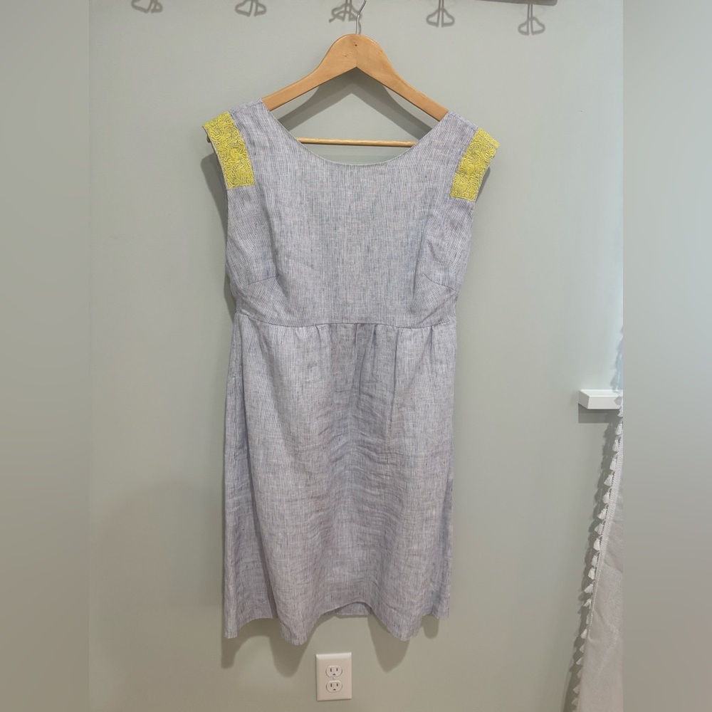 J. Crew Linen Blue & White Dress with Yellow Details